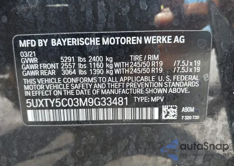 2021 BMW X3 xDrive30I z USA, uszkodzony, nr VIN 5UXTY5C03M9G33481